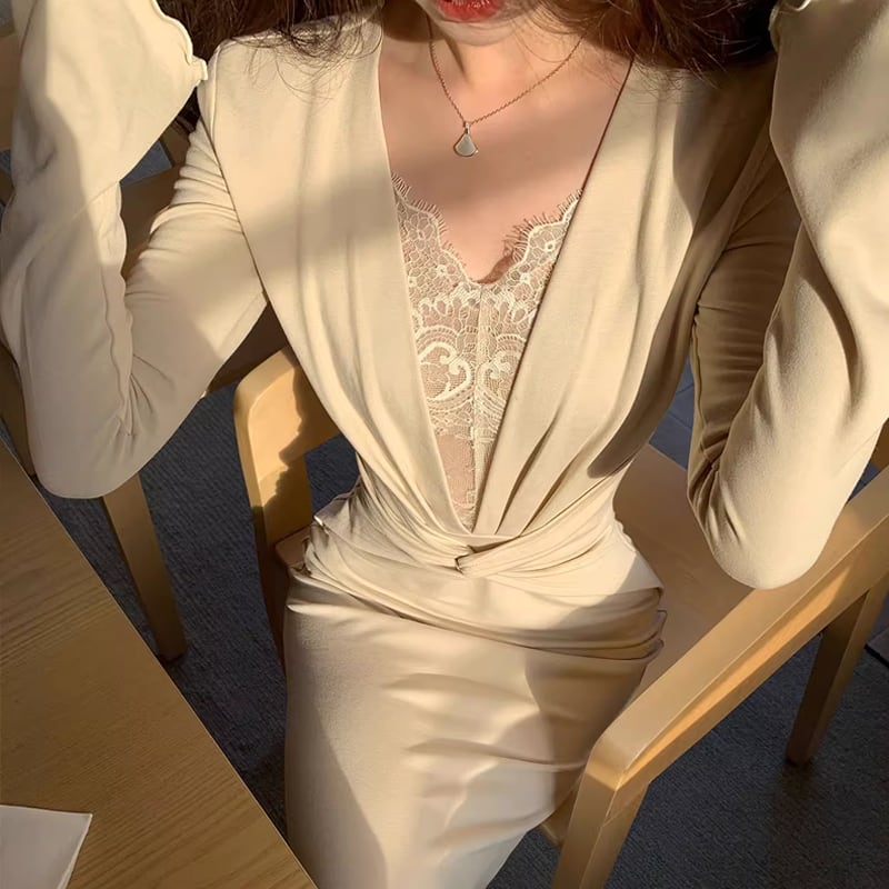 【dress】レースドッキングロングワンピース Q7596
