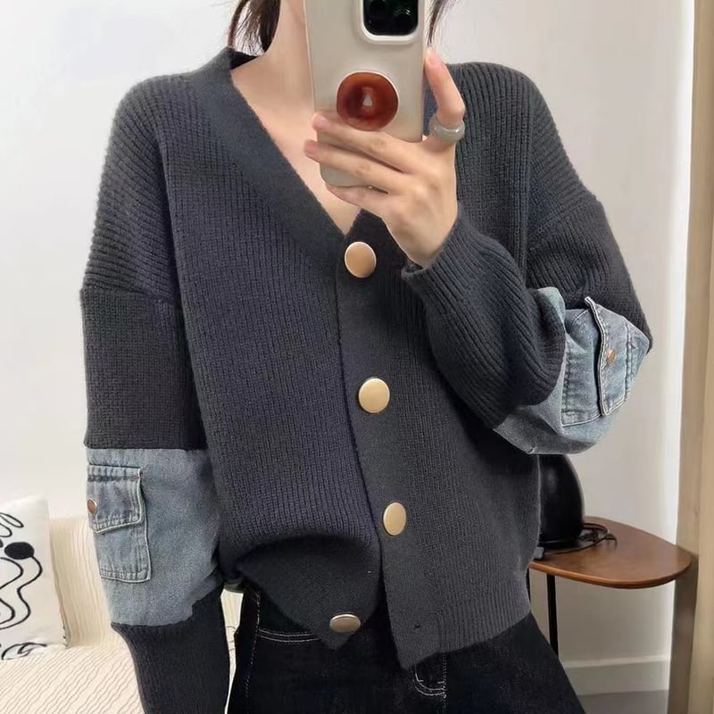 【tops】Vネックデニムドッキングニットトップス Q6369