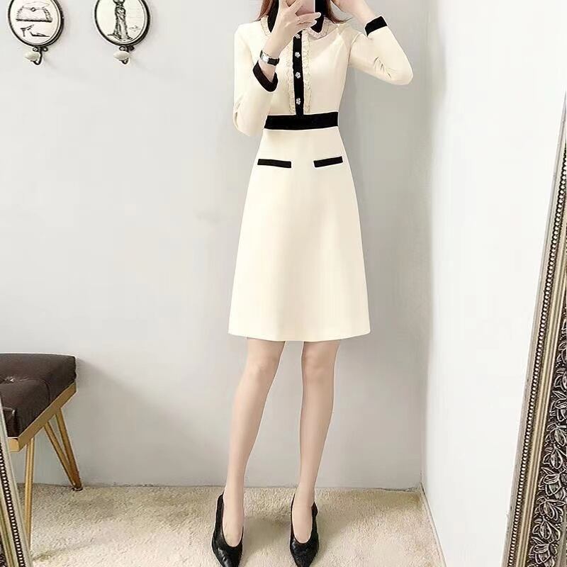 【dress】ポロカラー長袖体型カバーおしゃれ配色AラインワンピースF1339