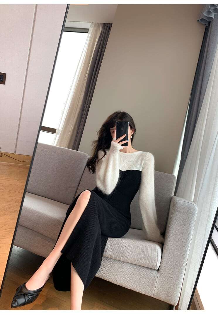 【dress】好感度UP!気質満点カラーマッチングレトロスリット着痩せニットワンピース G3908