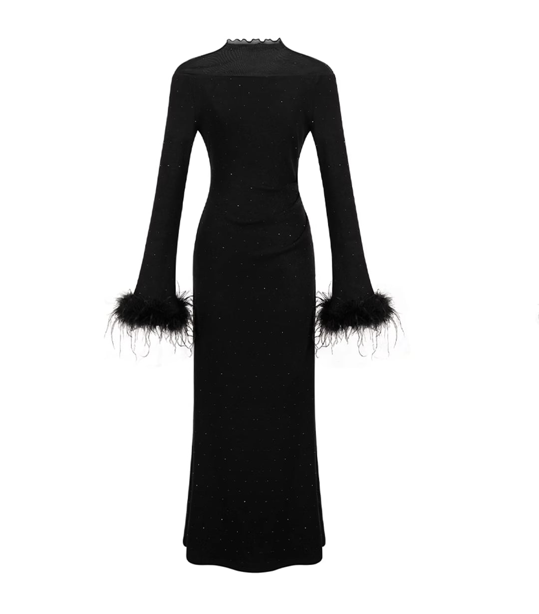 【dress】袖ファーチュールドッキングニットワンピース Q7559