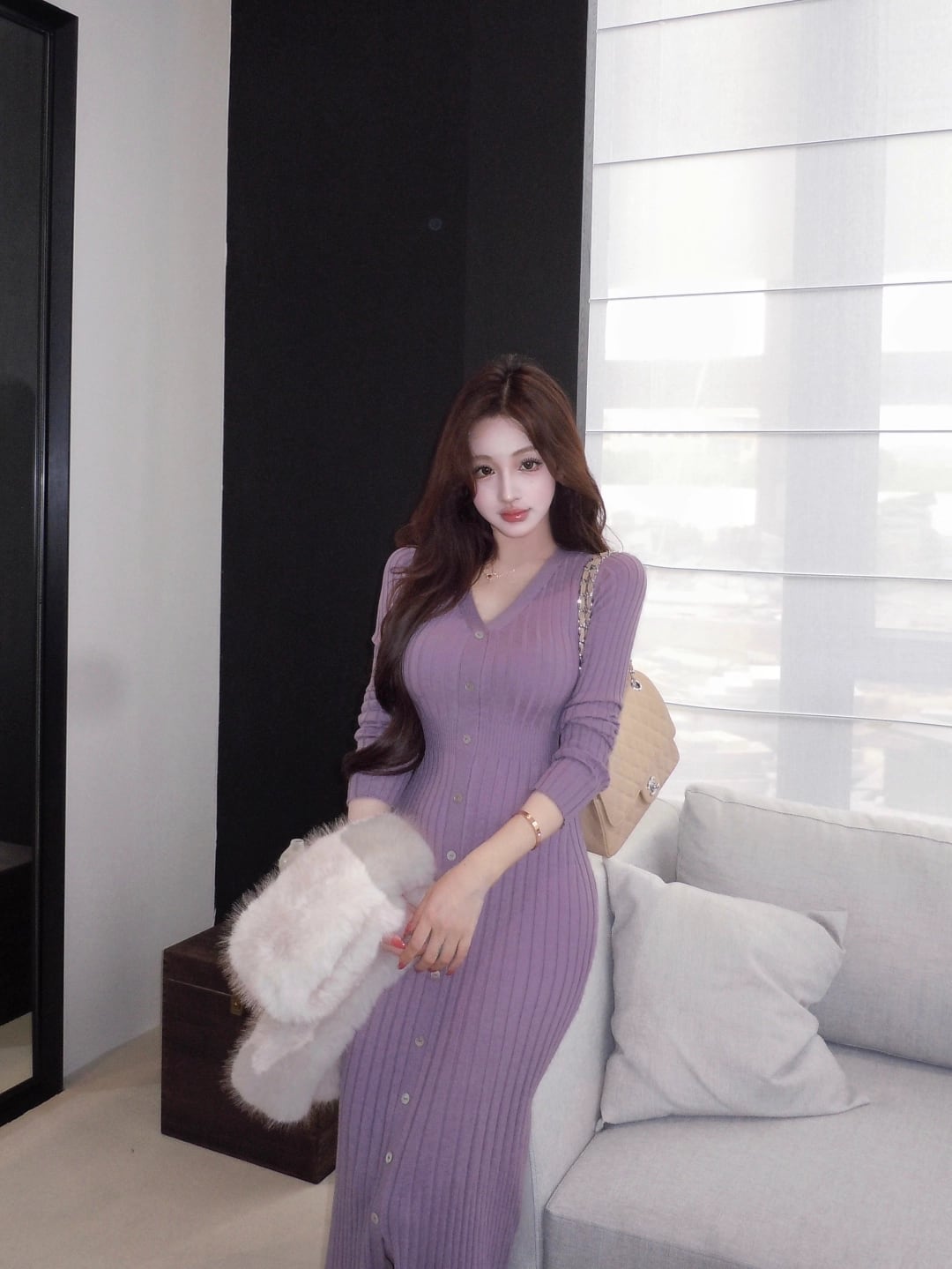 【dress】Vネックニットワンピース Q7651
