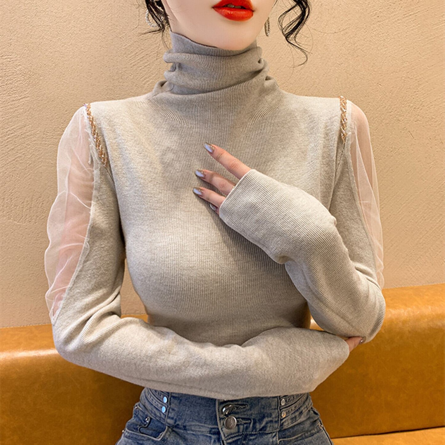 【tops】シースルーショルダーニットトップス　N2917