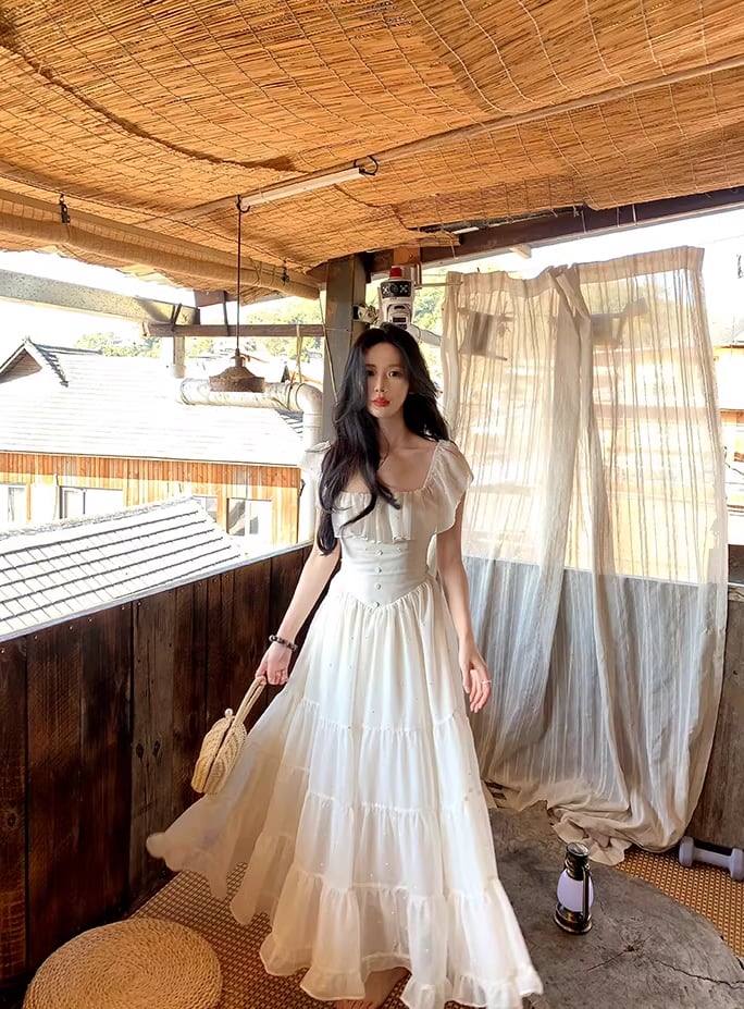 【dress】バックオーポンフリルロングワンピース Q8454