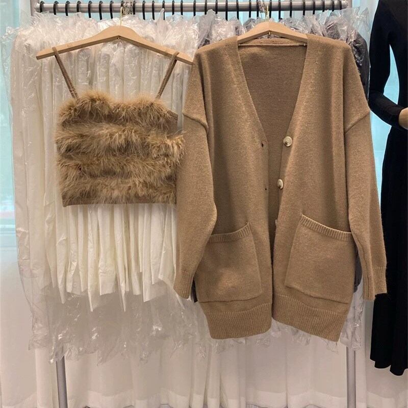 【tops】フェイクファーキャミソール×カーディガンセット　N2130