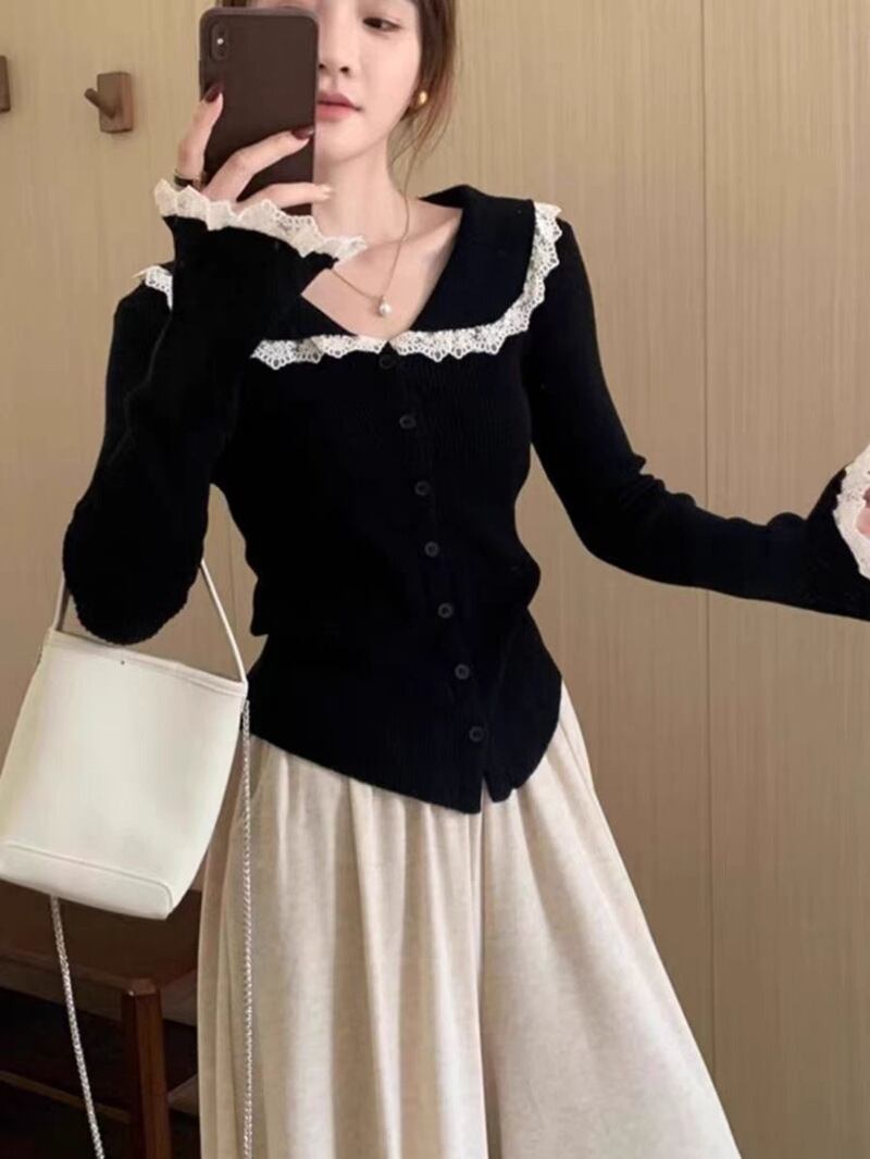 【tops】レース切り替えニットカーデ　M27552