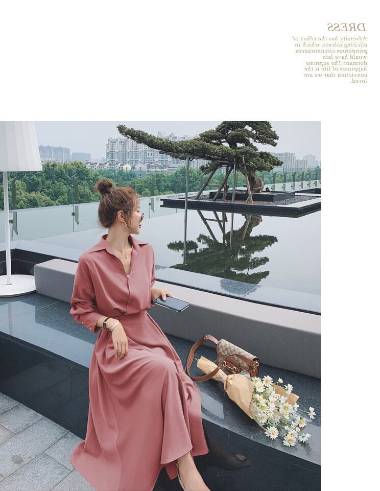 【dress】OL通勤気質満点レトロスウィート長袖Vネック無地着痩せワンピース