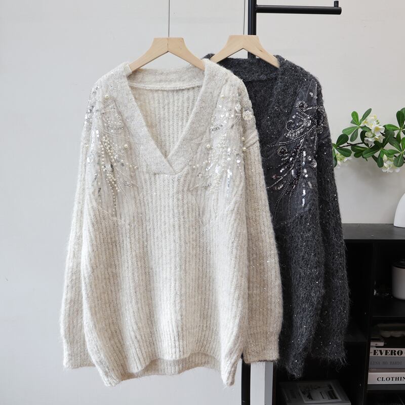 【tops】Vネックスパンコール付きニットトップス Q7436