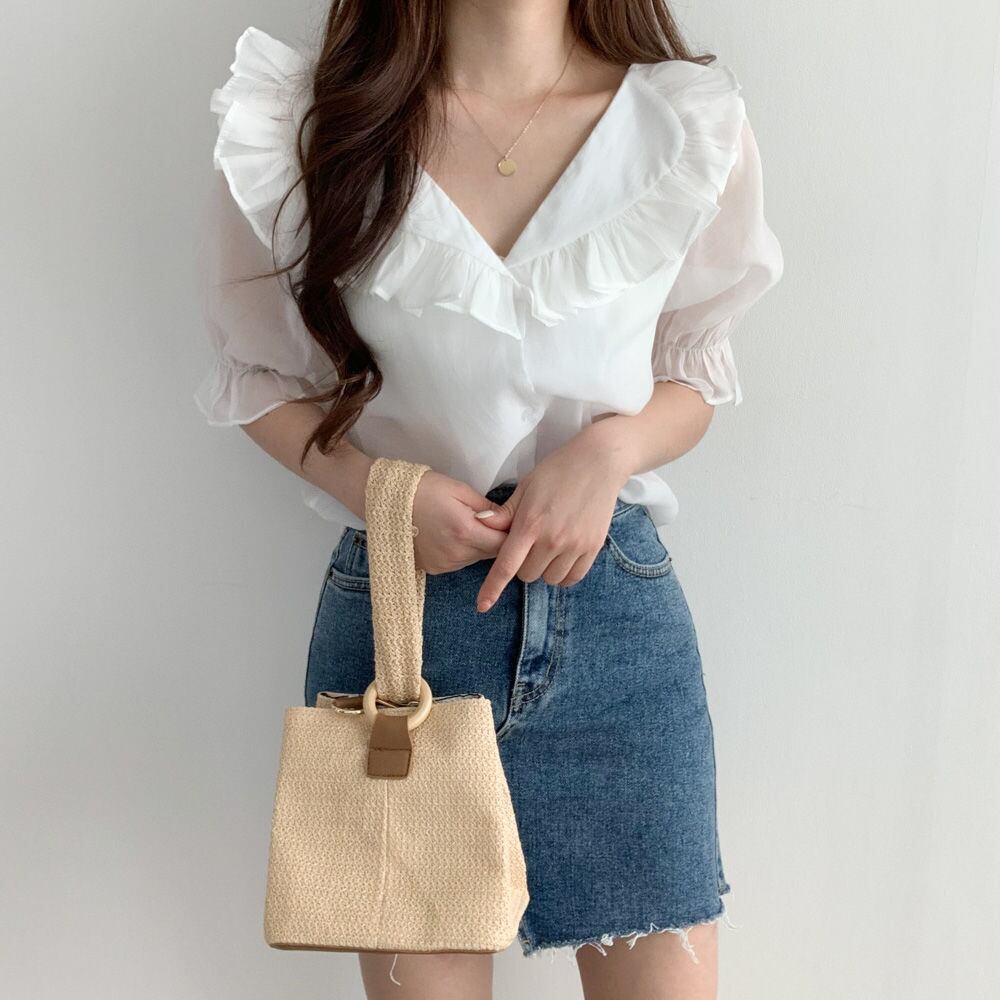 【tops】美人度アップ!韓国系夏スウィートパフスリーブ洋気フリル シフォンシャツ G0950
