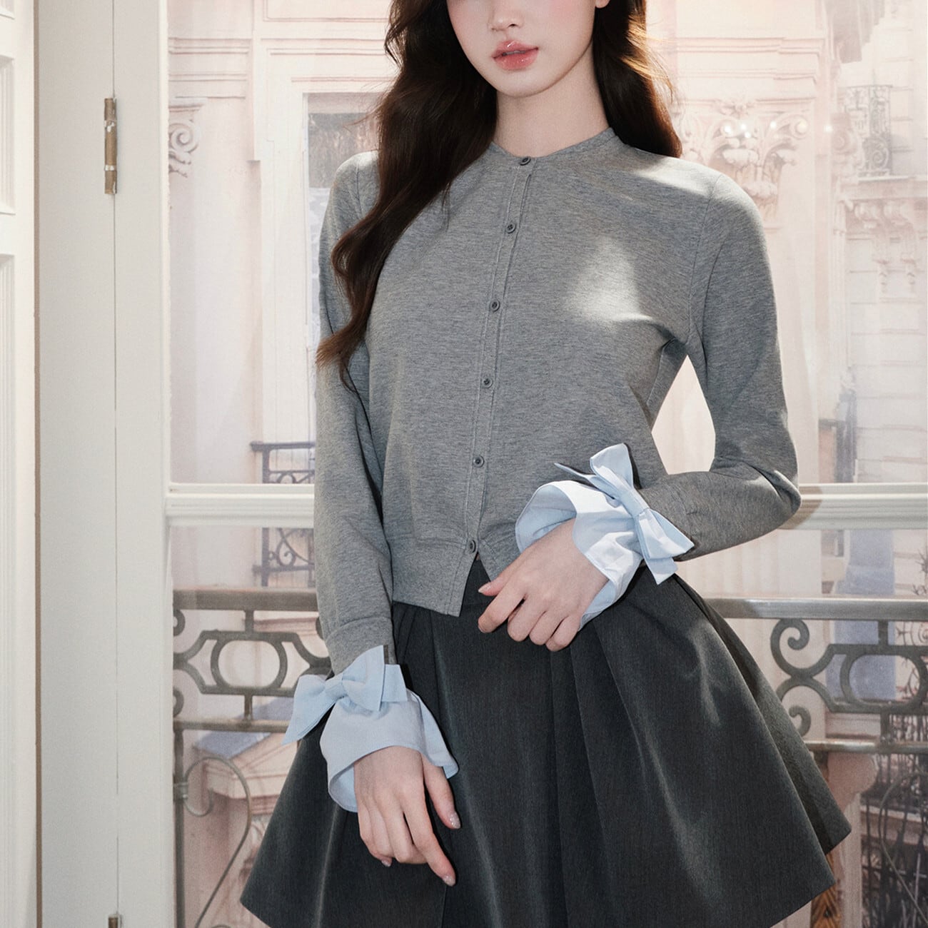 【outer】袖口リボンニットカーディガン N3402