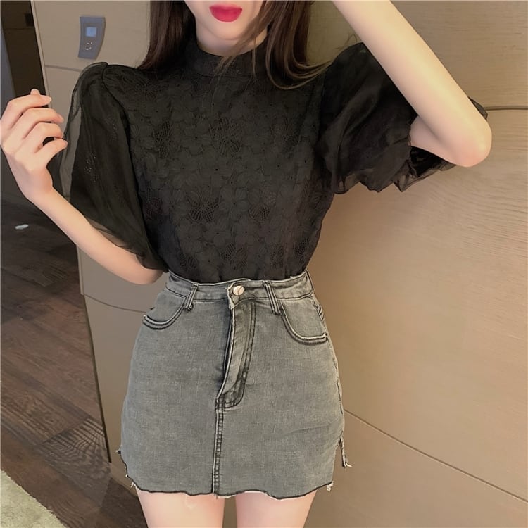 【tops】パフスリーブレースブラウスG20111