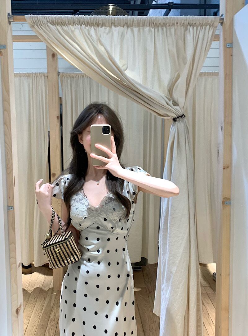 【dress】レースVネックドット柄ワンピース G20640