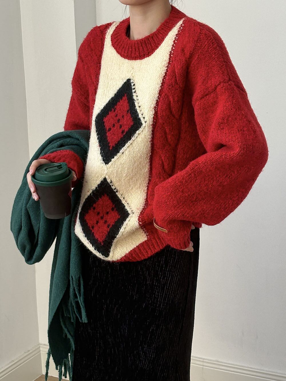 【tops】配色ニットセーター　M28575
