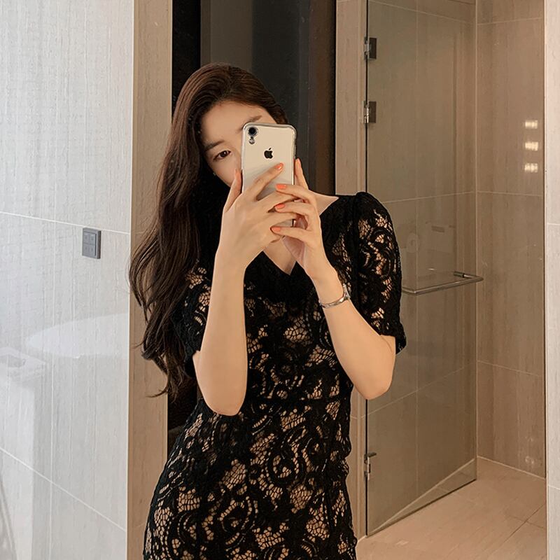 【dress】韓国ファッションVネック半袖レース体型カバー気質淑女マーメイドワンピースF0293