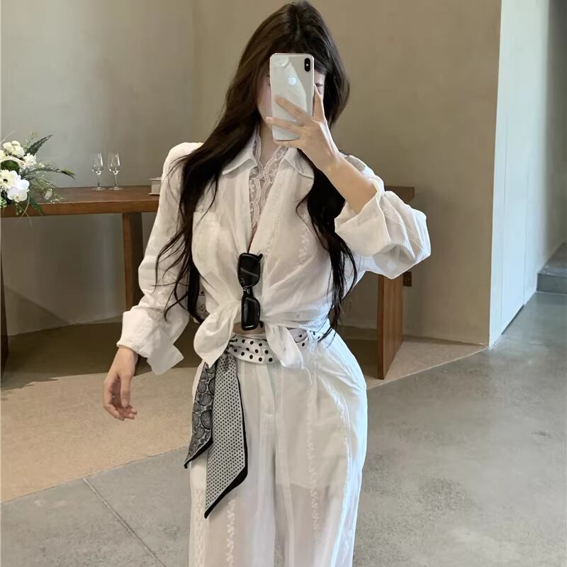 【set】レースドッキングシャツ×スカーフ付きワイドパンツセット Q8074