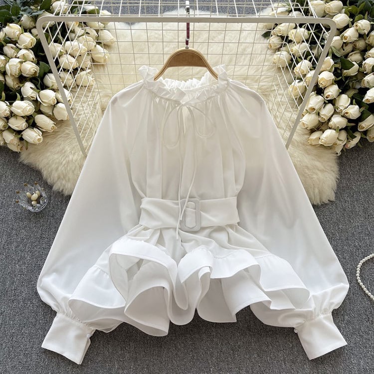 【tops】ウェスト絞りフリルブラウスF6982