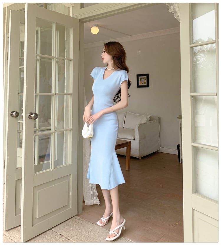 【dress】VネックマーメイドニットワンピースF7441
