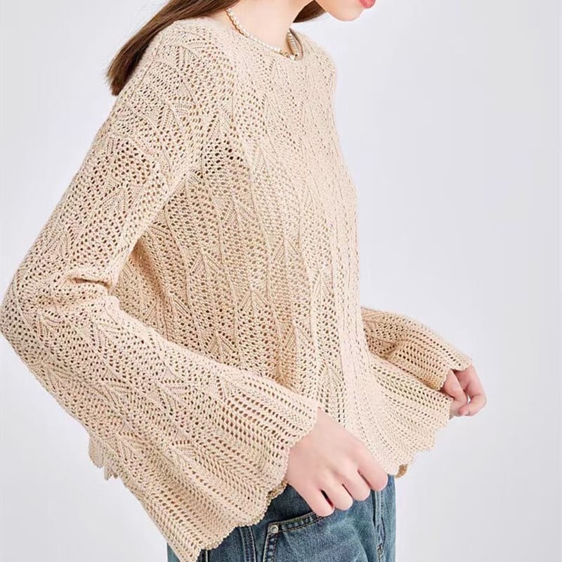 【tops】フレアスリーブ透かし彫りニットトップスG20244