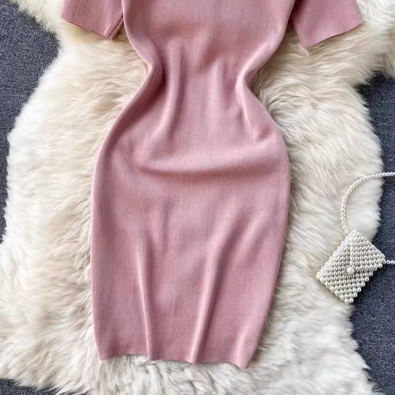 【dress】半袖体型カバーニットワンピースF7525