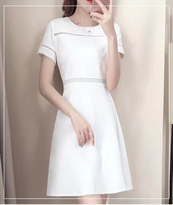 【dress】見逃し厳禁ラウンドネック半袖無地透かし彫り披露宴二次会AラインワンピースF2113