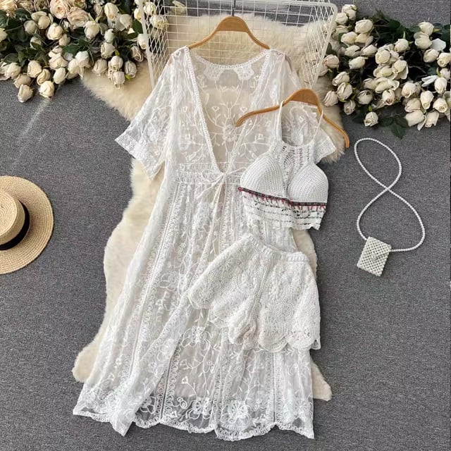 【set】レースカーディガン+キャミソール+ショートパンツ3点セットF7519