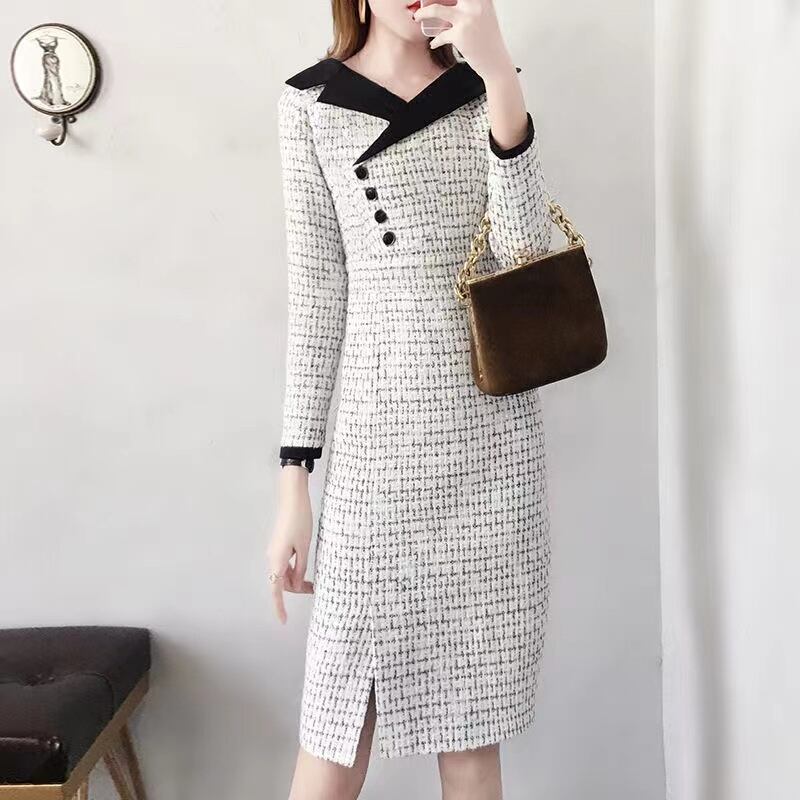 【dress】気質溢れる♪韓国風ラペル長袖スリットチェック柄体型カバー配色タイトフォーマルワンピースF1407