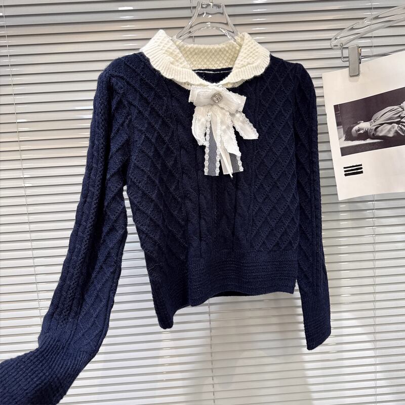【set】リボン付きニットトップス×プリーツスカートセット Q7370