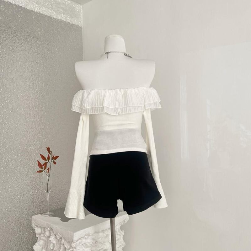 【tops】オフショルダーチュールドッキングニットトップス Q7626