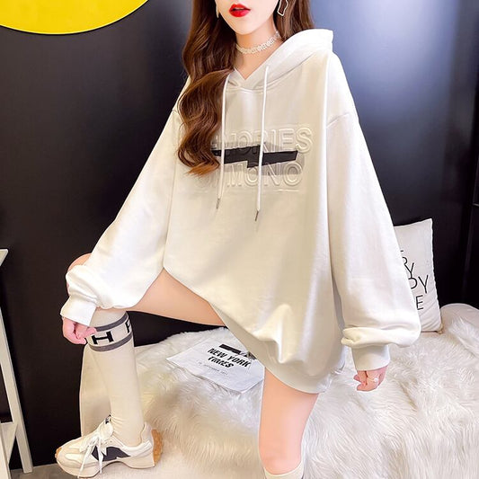 【tops】2色英字柄INS風フード付き長袖ゆったり着回しパーカーF0709