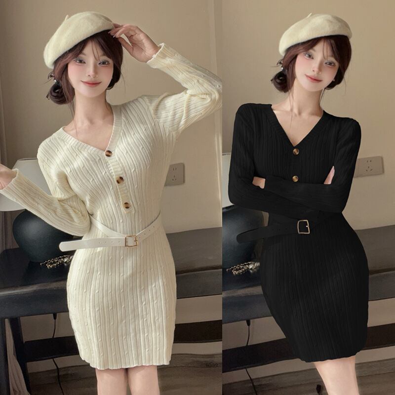 【dress】Vネックニットワンピース　M28378