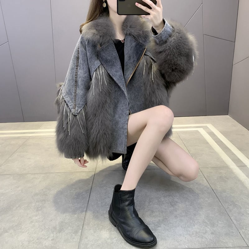 【outer】話題沸騰中ラペル長袖ポケート付き着回し配色おしゃれ厚手秋冬着デニムジャケットF1005