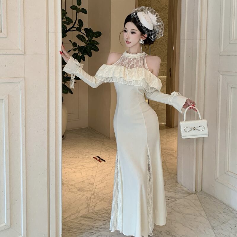 【dress】オフショルレースドッキングワンピース Q7878