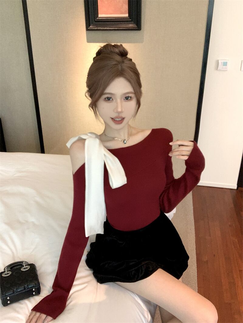 【tops】ショルダーリボンアシンメニットトップス　N2870