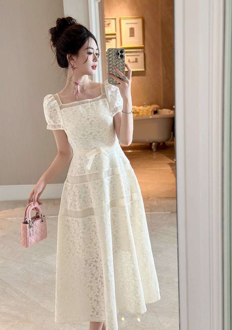 【dress】半袖スクエアネックレースロングワンピース Q8482