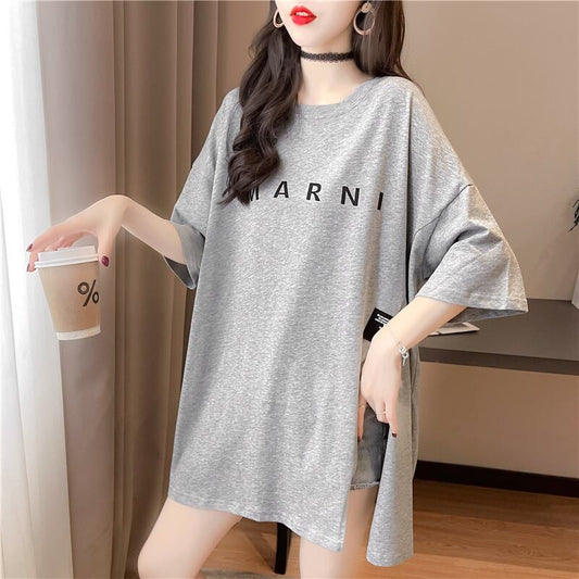 【tops】ラウンドネック半袖大きいサイズゆったりスリットTシャツF0074