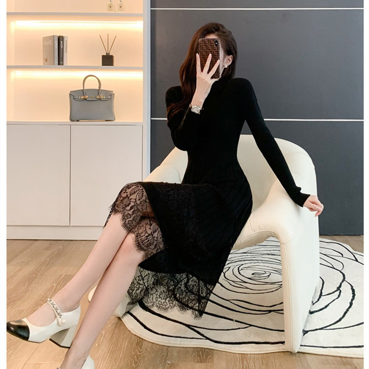 【dress】レースドッキングニットワンピース 　N2226