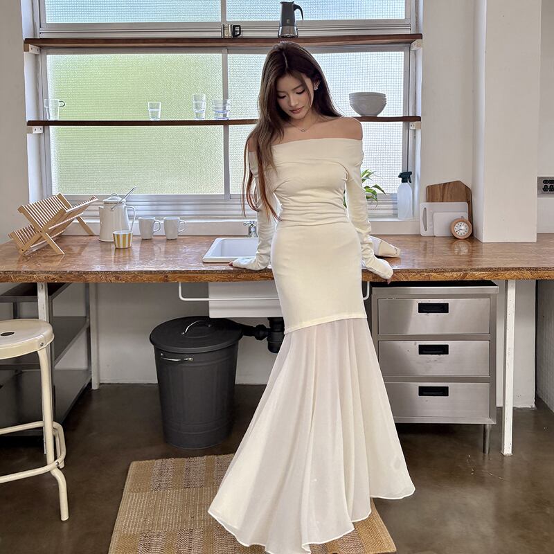 【dress】オフショルドッキングマーメイドワンピース Q6925