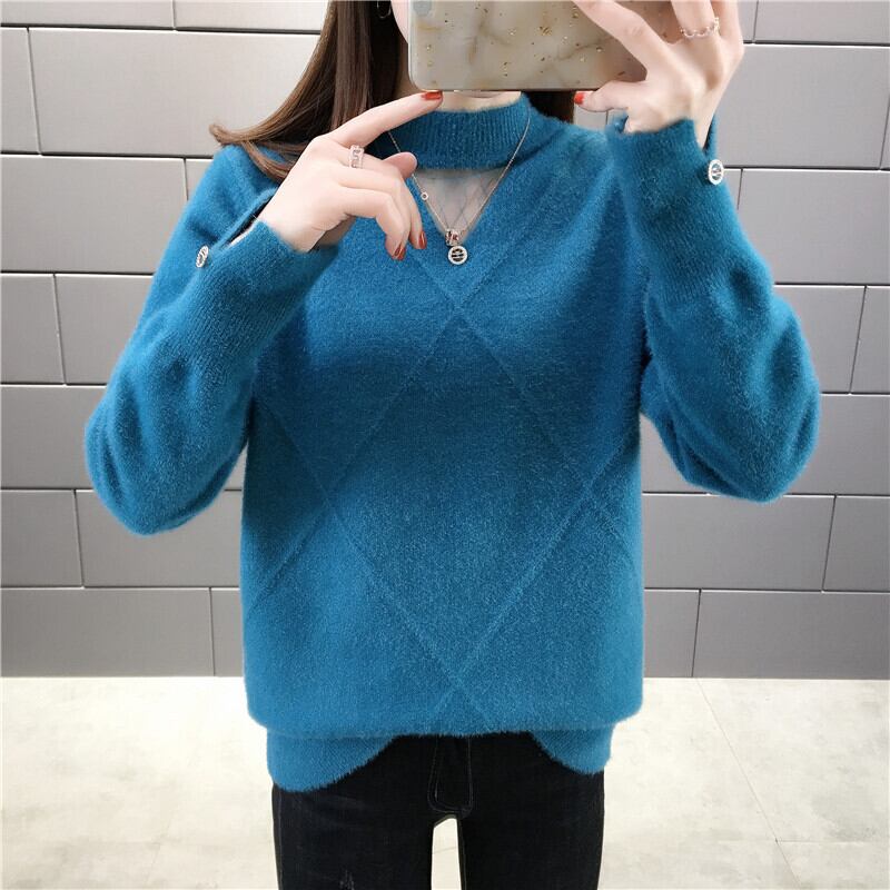 【tops】選べる5色！ハーフネック長袖メッシュ切り替え無地お洒落韓国風ニットセーターF0861