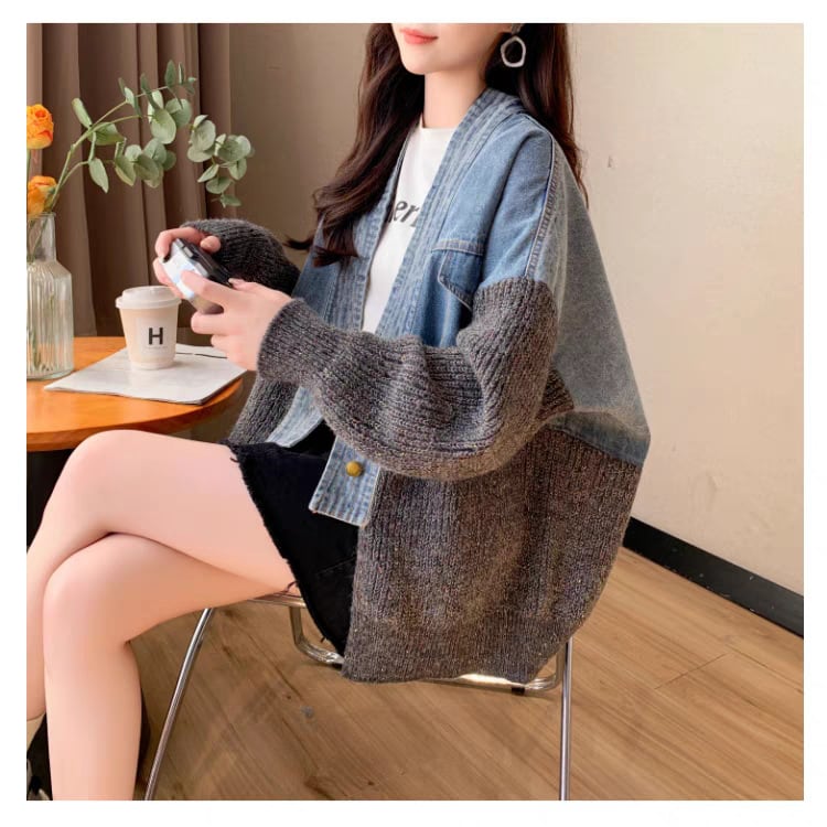 【outer】デニム切り替えニットカーデ　M25746