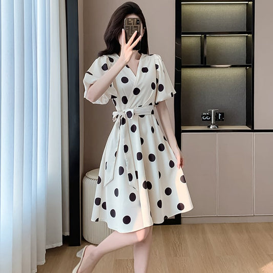 【dress】Vネックパフスリーブドット柄ワンピース G21499