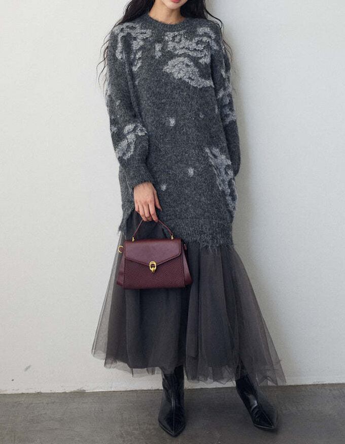 【dress】チュールドッキングロングニットワンピース Q7839