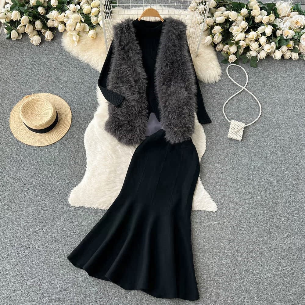 【set】ファージレ×カシュクールニットトップス×マーメイドスカート3点セット　N2741
