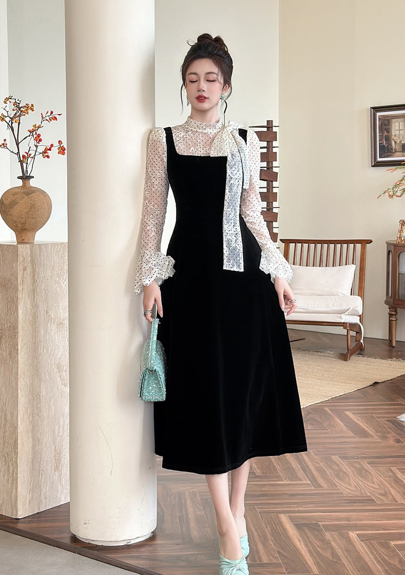 【dress】ドット柄チュールドッキングベルベットワンピース Q7365