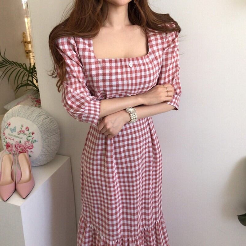 【dress】優しい雰囲気気質満点レトロスクエアネック着痩せ5分袖チェック柄ワンピース G1641
