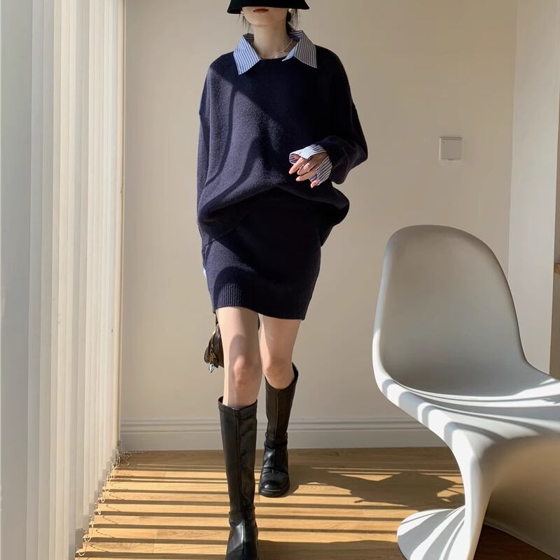 【set】フェイクレイヤードニットトップス×ミニスカートセット Q6963