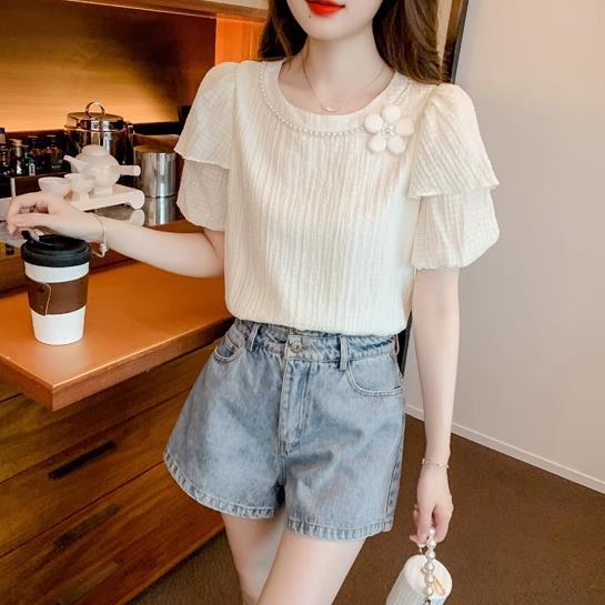 【tops】ラウンドネック半袖パフ袖ブラウスF7509