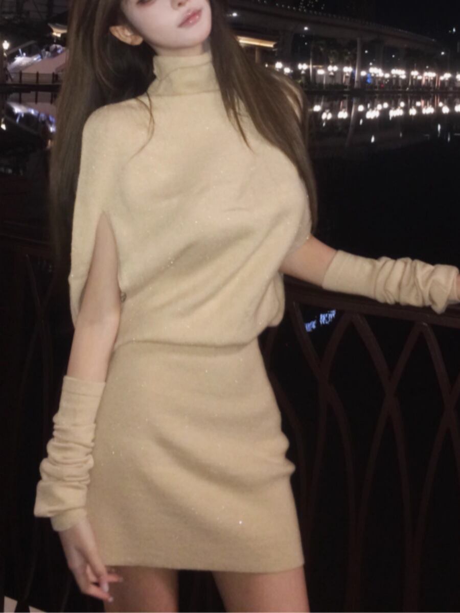 【dress】アームカバー付きニットケープワンピース　M28368