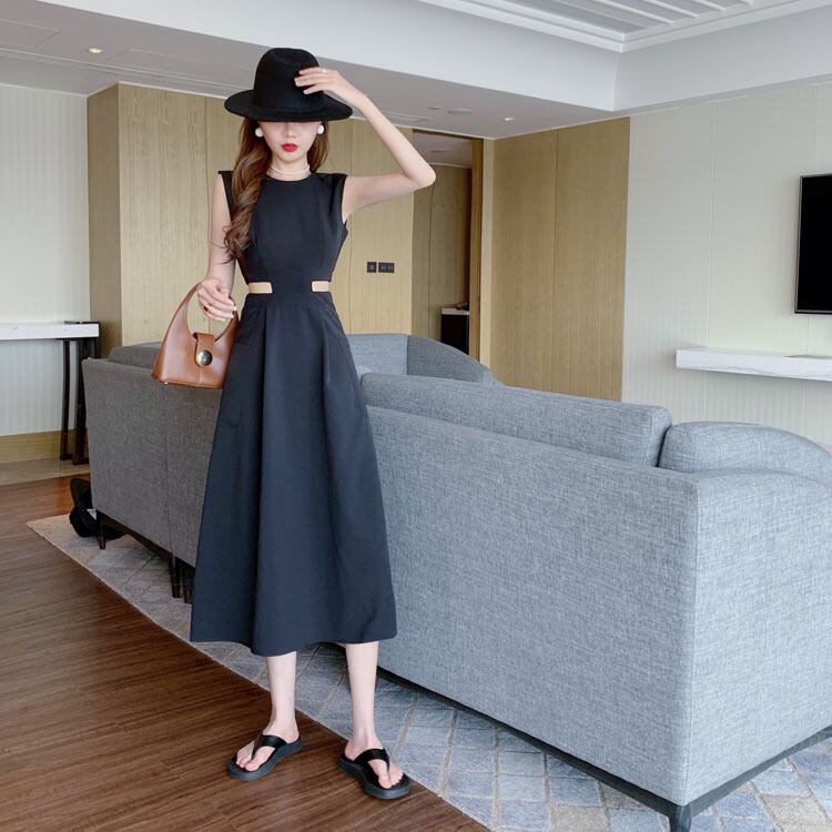 【dress】韓国ファッション海旅行ラウンドネック無地ノースリーブ着やせワンピースF0322