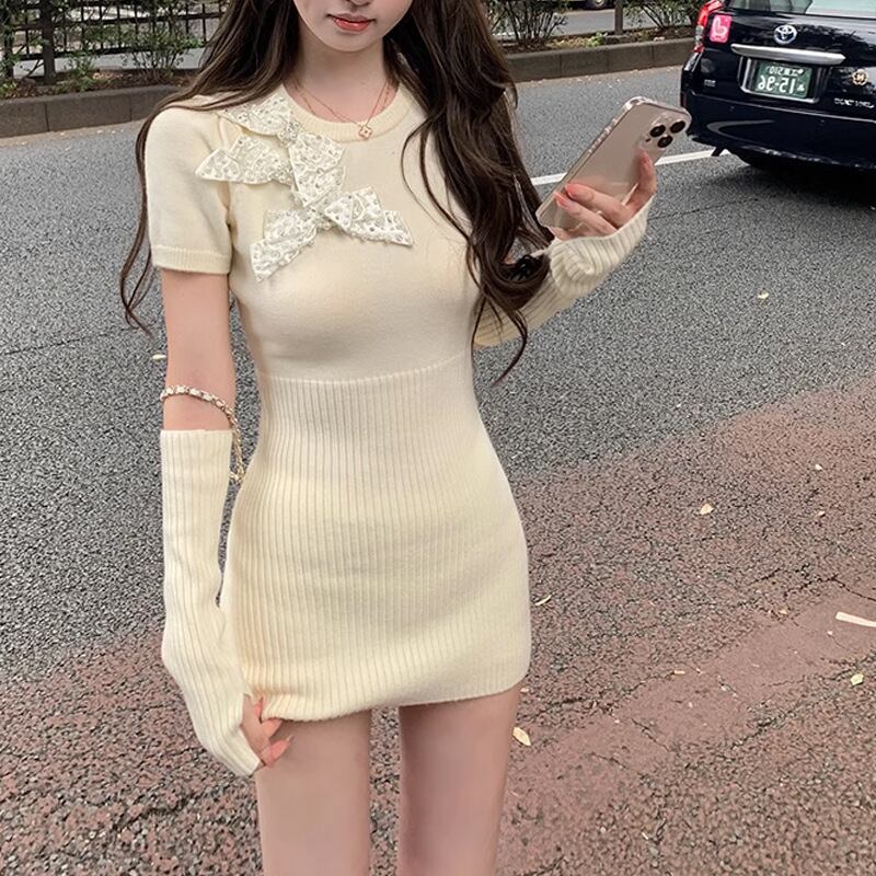 【dress】パールリボン付きニットワンピースアームカバー付き　M27726