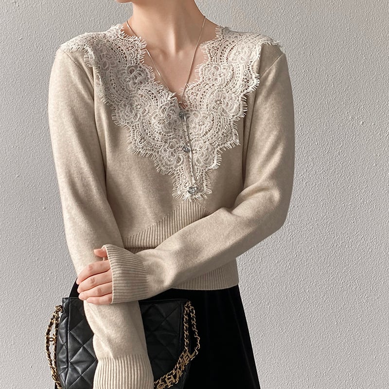 【tops】Vネックレースドッキングニットトップス Q7241